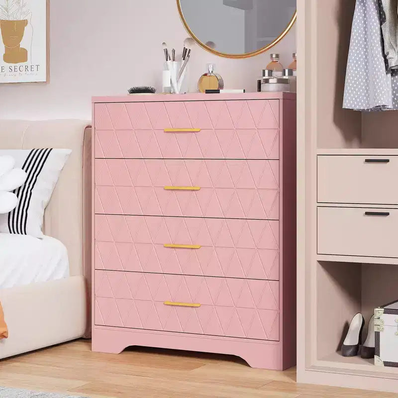 Commode en bois pour chambre à coucher avec 4 tiroirs, commode haute moderne, commode large avec poignées dorées, table de chevet commode, armoire de rangement