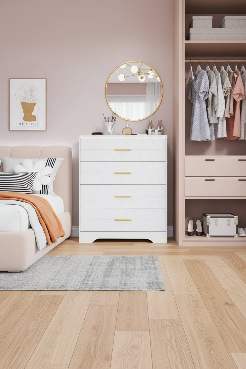 Commode en bois pour chambre à coucher avec 4 tiroirs, commode haute moderne, commode large avec poignées dorées, table de chevet commode, armoire de rangement