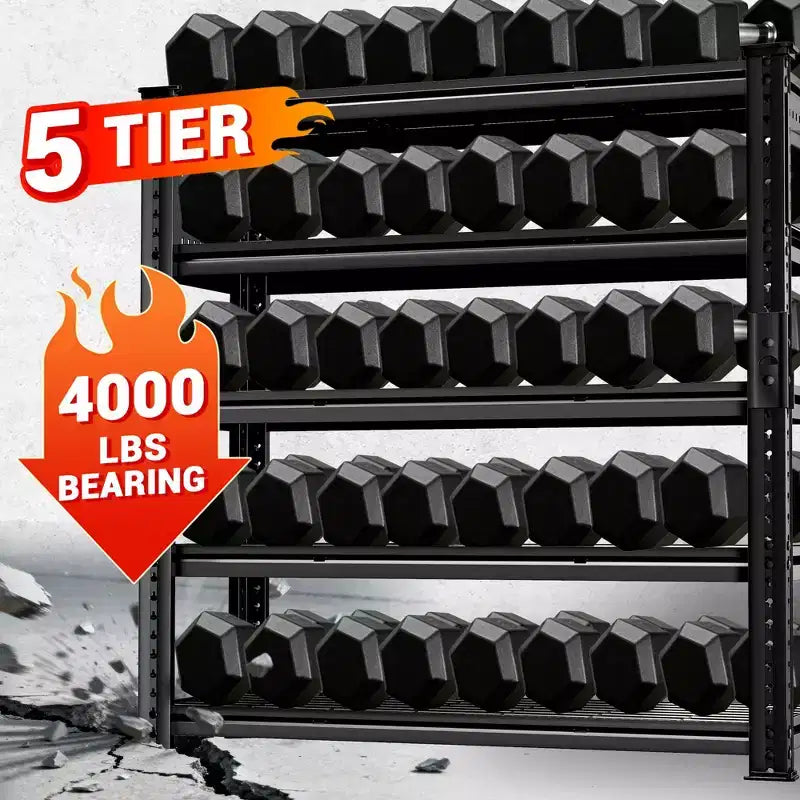 Étagère de rangement de garage robuste 48 x 24 x 72 pouces, rayonnage métallique à 5 niveaux avec tablettes grillagées, noir