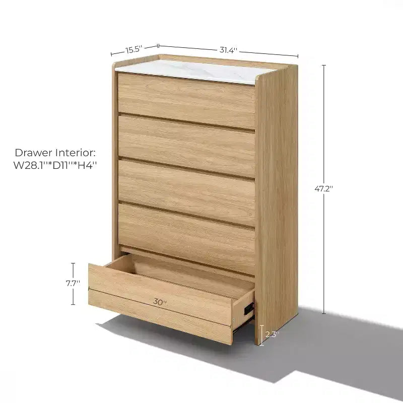 Commode Hazel Oak de 120 cm de haut à 5 tiroirs avec côtés surélevés, plateau en faux marbre, bois manufacturé, marron