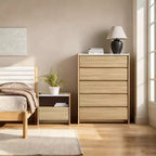 Commode Hazel Oak de 120 cm de haut à 5 tiroirs avec côtés surélevés, plateau en faux marbre, bois manufacturé, marron