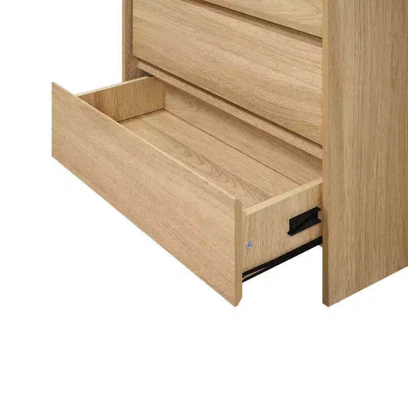 Commode Hazel Oak de 120 cm de haut à 5 tiroirs avec côtés surélevés, plateau en faux marbre, bois manufacturé, marron