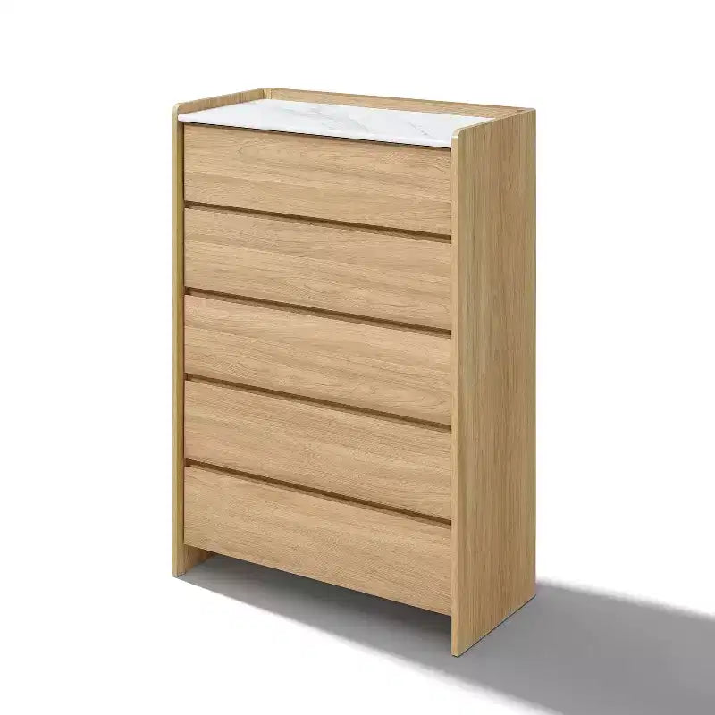 Commode Hazel Oak de 120 cm de haut à 5 tiroirs avec côtés surélevés, plateau en faux marbre, bois manufacturé, marron