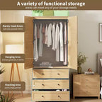 69.5 Wooden Wardrobe Armoire with 2 Louvered Doors, Freestanding Closet with Hanging Rod & Large Storage Cabinet for Bedroom, Natural
