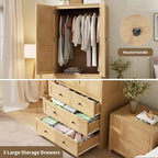 69.5 Wooden Wardrobe Armoire with 2 Louvered Doors, Freestanding Closet with Hanging Rod & Large Storage Cabinet for Bedroom, Natural