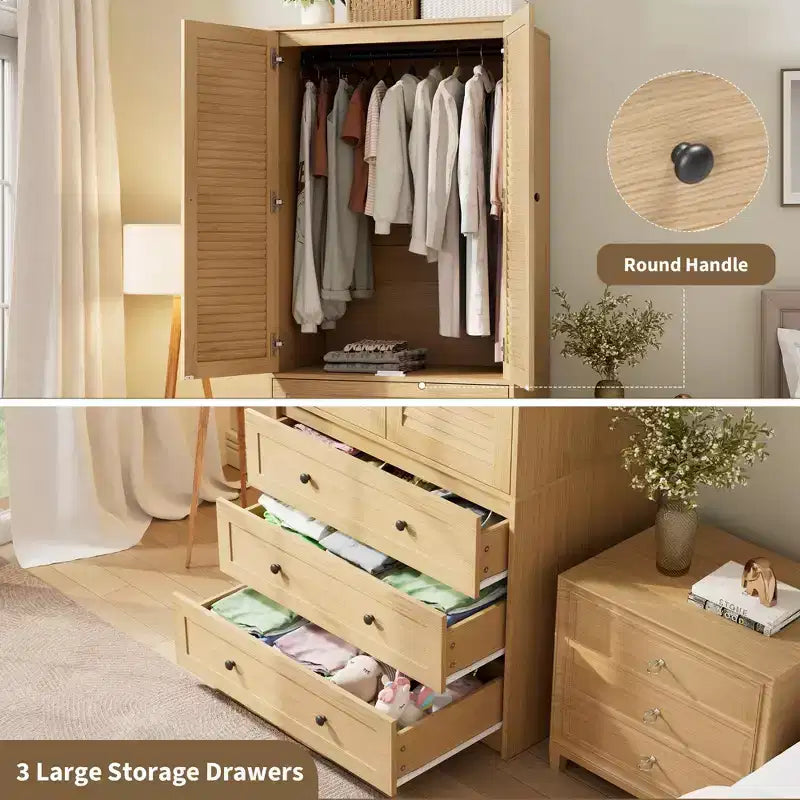 69.5 Wooden Wardrobe Armoire with 2 Louvered Doors, Freestanding Closet with Hanging Rod & Large Storage Cabinet for Bedroom, Natural