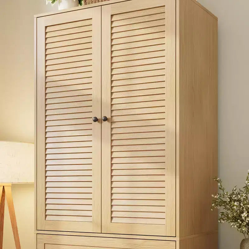 69.5 Wooden Wardrobe Armoire with 2 Louvered Doors, Freestanding Closet with Hanging Rod & Large Storage Cabinet for Bedroom, Natural