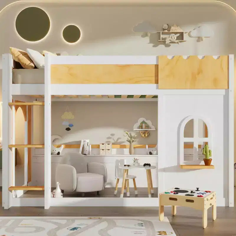 Lit superposé cabane pour enfants avec fenêtres, portes et espace inférieur convertible pour jouer ou dormir