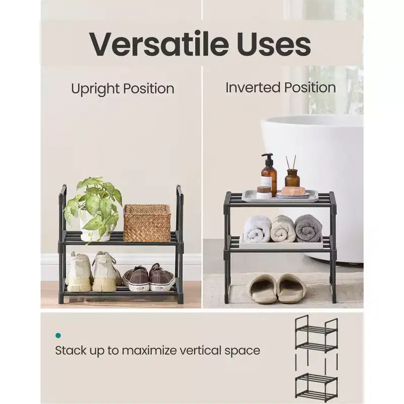 2-Tier Stackable Shoe Rack, 14.8 Inch Metal Shoe Organizer with 22 lb per Tier Capacity, Upright & Reversible for Entryway, Black