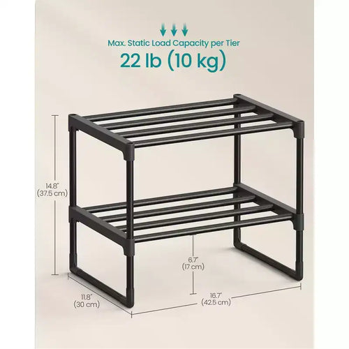 2-Tier Stackable Shoe Rack, 14.8 Inch Metal Shoe Organizer with 22 lb per Tier Capacity, Upright & Reversible for Entryway, Black