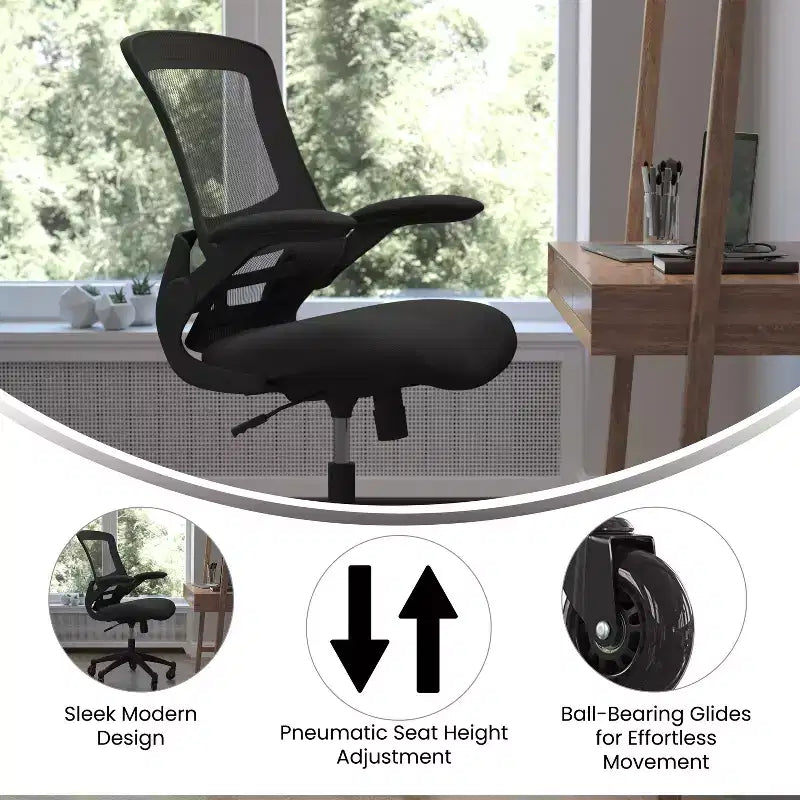 Chaise de bureau ergonomique pivotante mi-dos avec accoudoirs relevables et roulettes transparentes