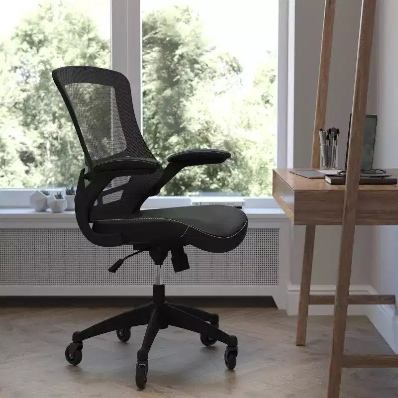 Mid-Back Swivel Ergonomic Task Office Chair with Flip-Up Arms and Transparent Roller Wheels