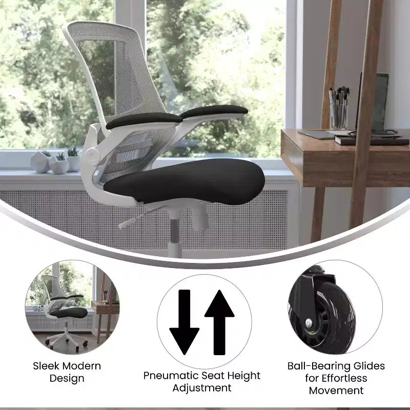Chaise de bureau ergonomique pivotante mi-dos avec accoudoirs relevables et roulettes transparentes