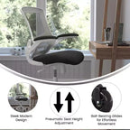 Chaise de bureau ergonomique pivotante mi-dos avec accoudoirs relevables et roulettes transparentes