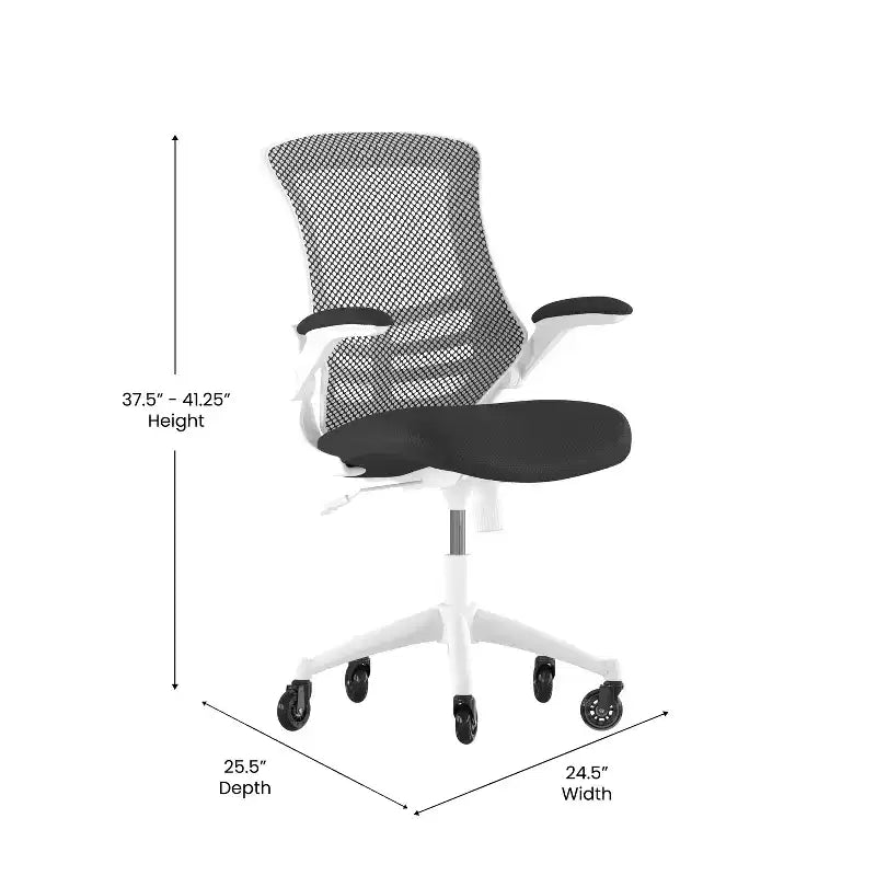 Chaise de bureau ergonomique pivotante mi-dos avec accoudoirs relevables et roulettes transparentes