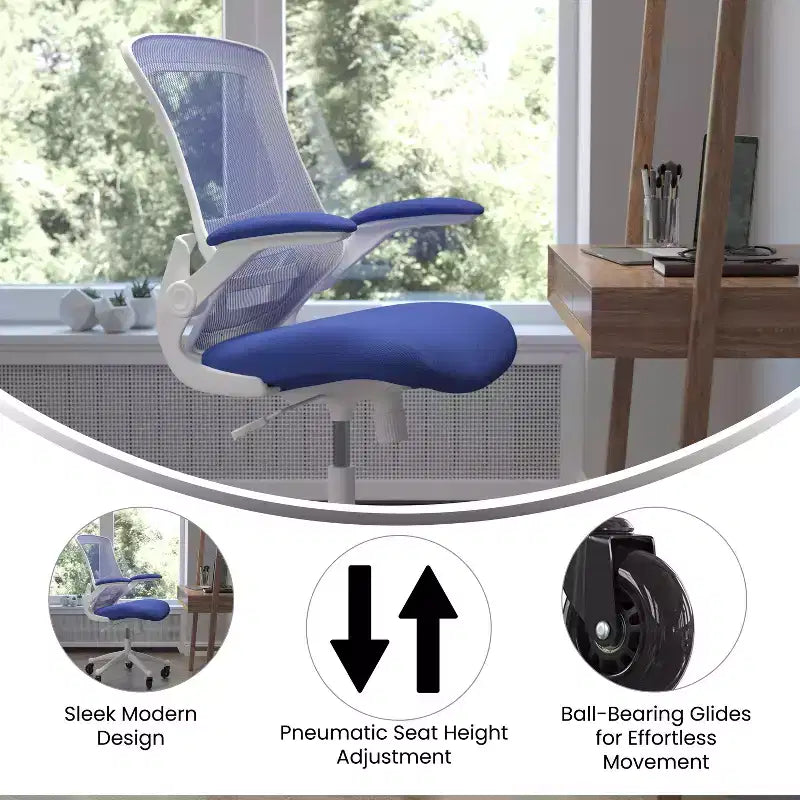 Chaise de bureau ergonomique pivotante mi-dos avec accoudoirs relevables et roulettes transparentes