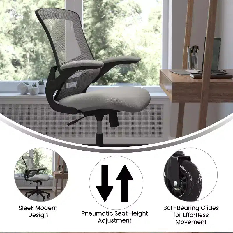 Chaise de bureau ergonomique pivotante mi-dos avec accoudoirs relevables et roulettes transparentes