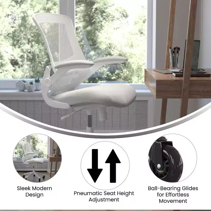 Chaise de bureau ergonomique pivotante mi-dos avec accoudoirs relevables et roulettes transparentes
