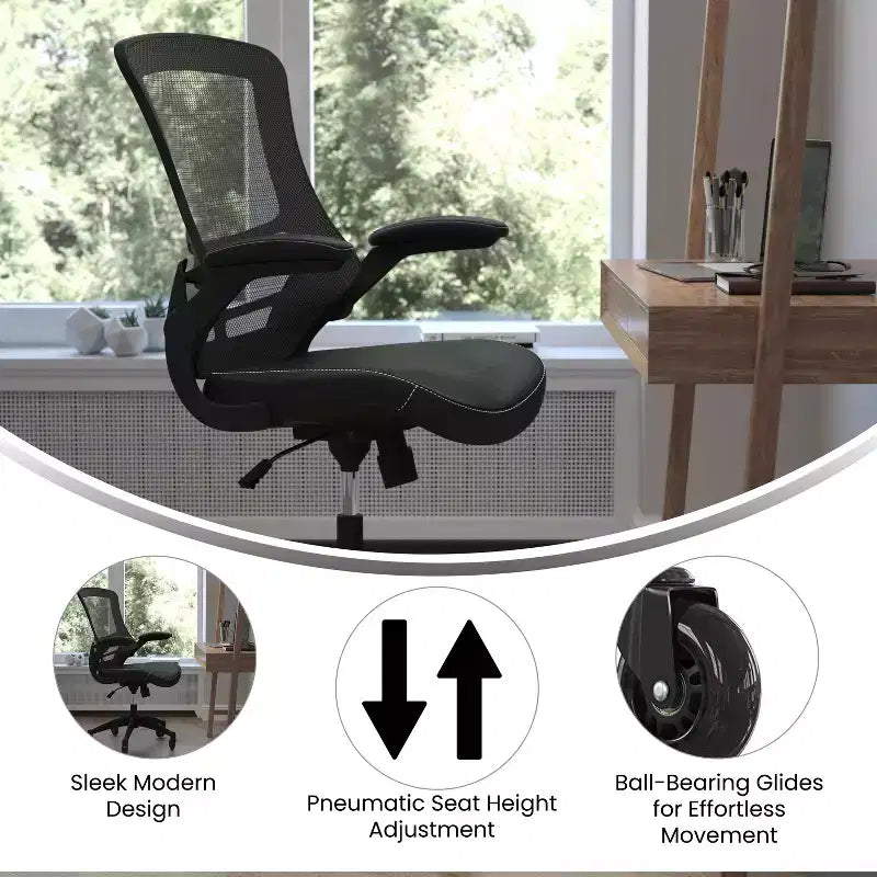 Chaise de bureau ergonomique pivotante mi-dos avec accoudoirs relevables et roulettes transparentes