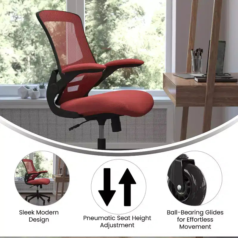 Chaise de bureau ergonomique pivotante mi-dos avec accoudoirs relevables et roulettes transparentes