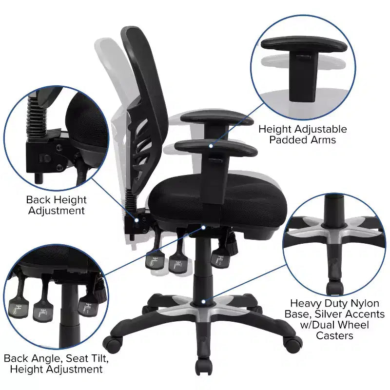 Fauteuil de bureau ergonomique multifonction en maille noire à dossier mi-haut avec accoudoirs réglables