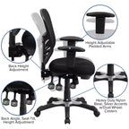 Fauteuil de bureau ergonomique multifonction en maille noire à dossier mi-haut avec accoudoirs réglables