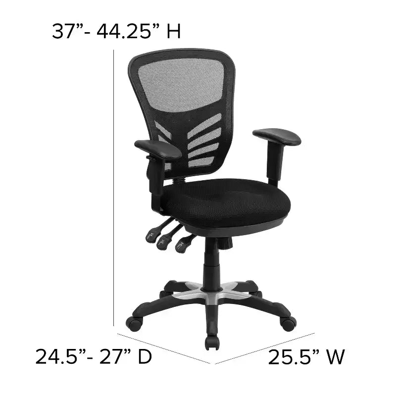 Fauteuil de bureau ergonomique multifonction en maille noire à dossier mi-haut avec accoudoirs réglables
