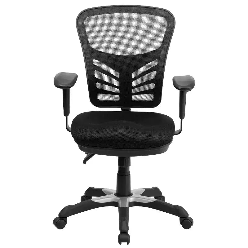 Fauteuil de bureau ergonomique multifonction en maille noire à dossier mi-haut avec accoudoirs réglables