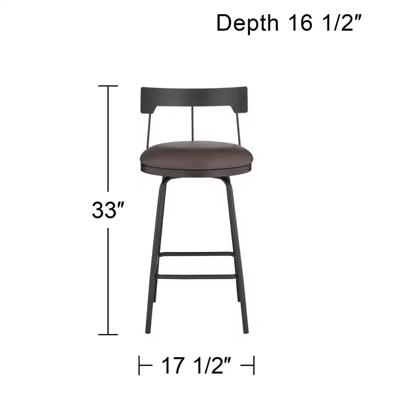 Tabouret de bar pivotant en métal noir mat de 66 cm de haut, coussin rond en cuir marron rustique avec dossier bas et repose-pieds pour comptoir de cuisine