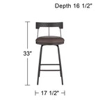 Tabouret de bar pivotant en métal noir mat de 66 cm de haut, coussin rond en cuir marron rustique avec dossier bas et repose-pieds pour comptoir de cuisine