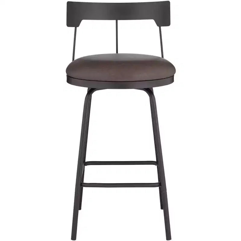 Tabouret de bar pivotant en métal noir mat de 66 cm de haut, coussin rond en cuir marron rustique avec dossier bas et repose-pieds pour comptoir de cuisine