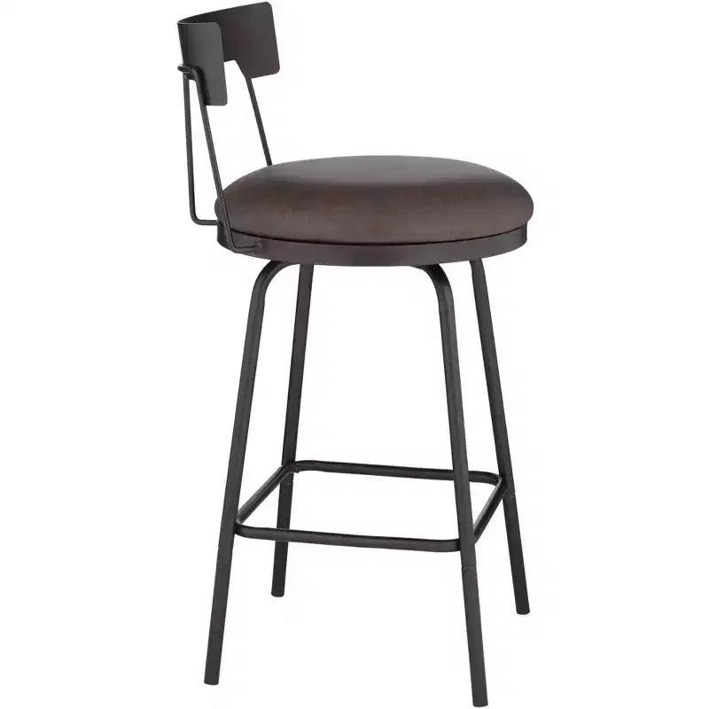 Tabouret de bar pivotant en métal noir mat de 66 cm de haut, coussin rond en cuir marron rustique avec dossier bas et repose-pieds pour comptoir de cuisine