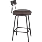 Tabouret de bar pivotant en métal noir mat de 66 cm de haut, coussin rond en cuir marron rustique avec dossier bas et repose-pieds pour comptoir de cuisine