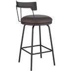 Tabouret de bar pivotant en métal noir mat de 66 cm de haut, coussin rond en cuir marron rustique avec dossier bas et repose-pieds pour comptoir de cuisine