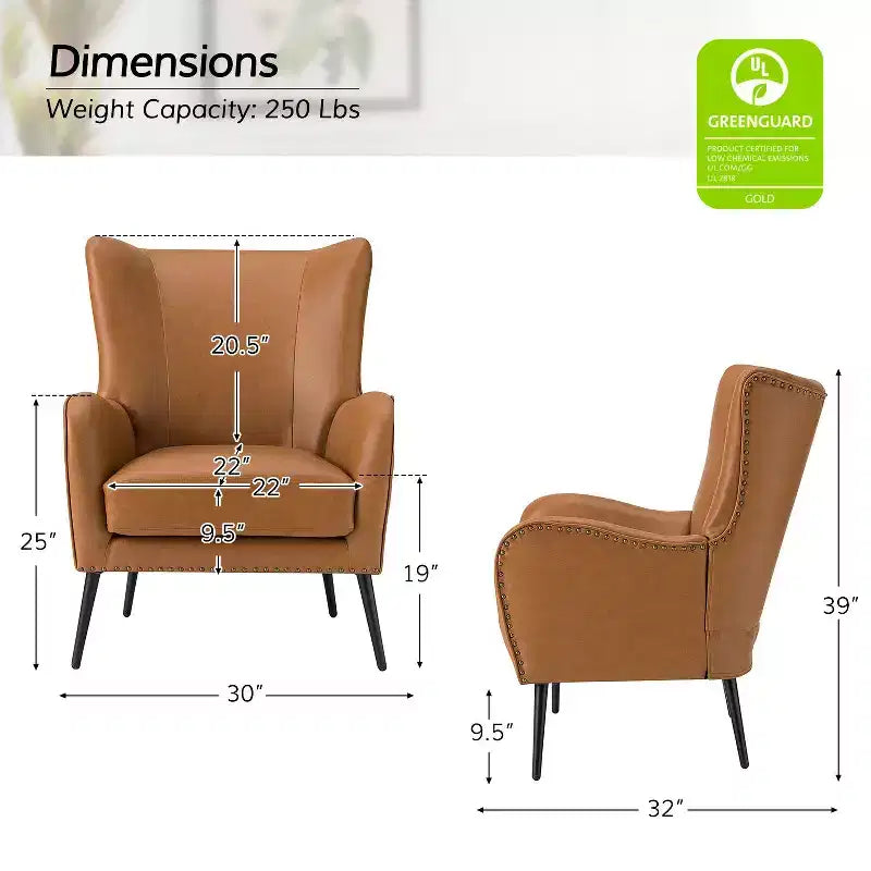Fauteuil classique avec dossier à oreilles et clous décoratifs