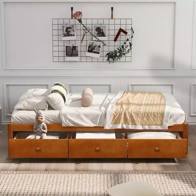 Twin Size Platform Bed, Wooden Storage Bed Frame with 3 Drawers
