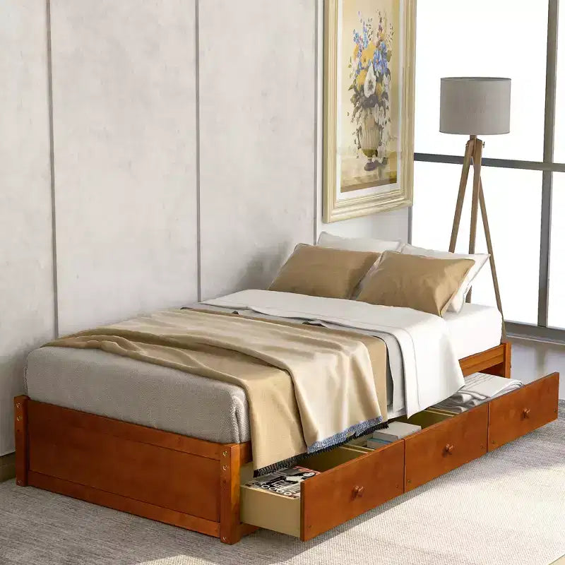 Twin Size Platform Bed, Wooden Storage Bed Frame with 3 Drawers
