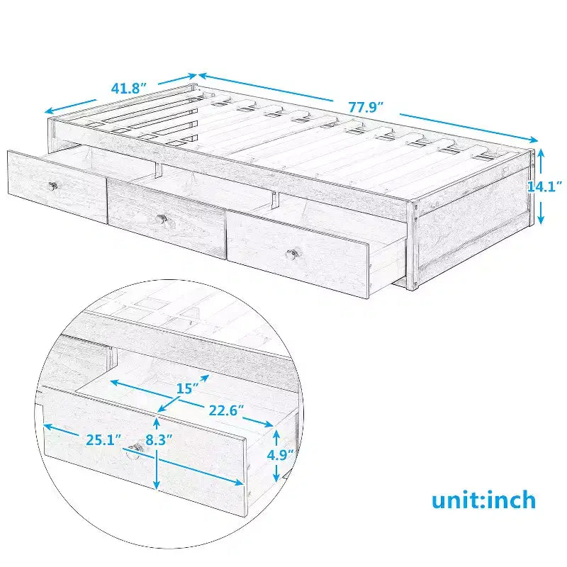 Twin Size Platform Bed, Wooden Storage Bed Frame with 3 Drawers