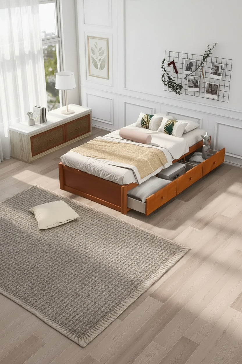 Twin Size Platform Bed, Wooden Storage Bed Frame with 3 Drawers