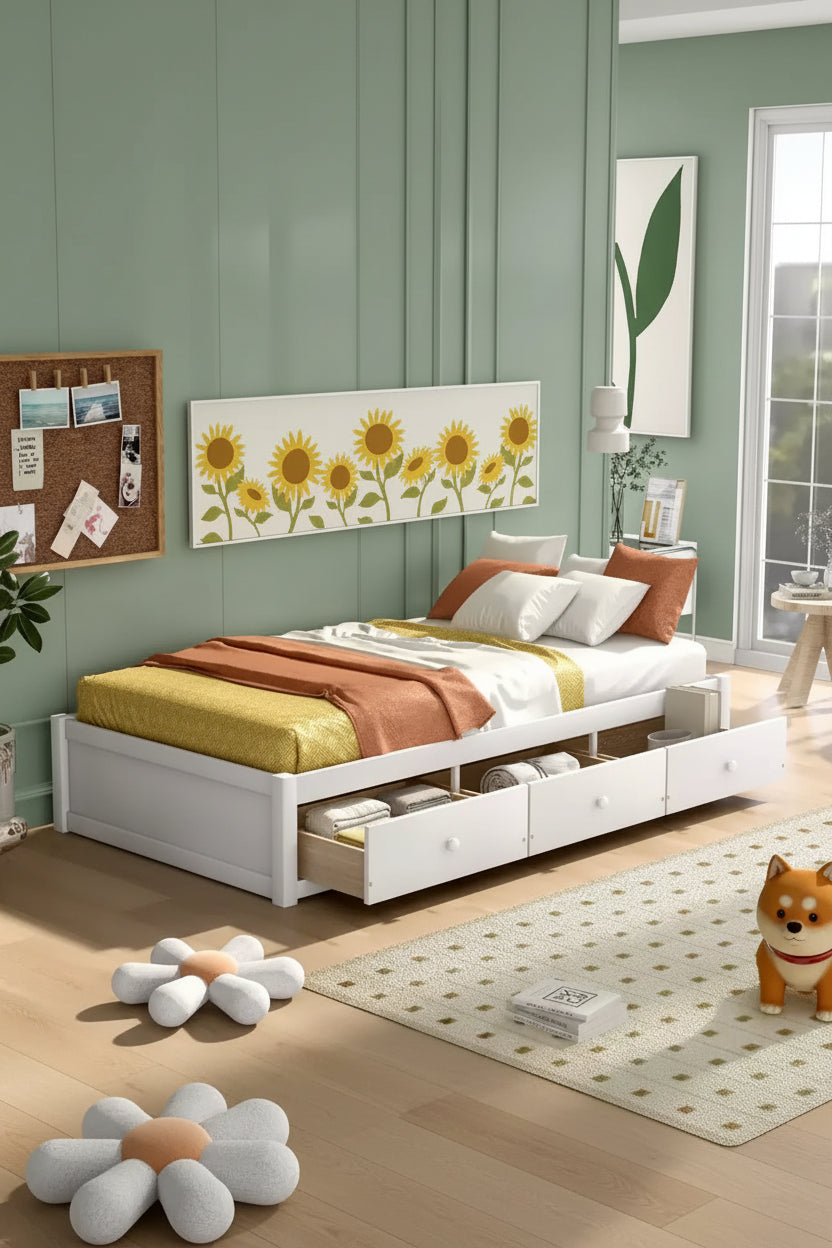 Twin Size Platform Bed, Wooden Storage Bed Frame with 3 Drawers