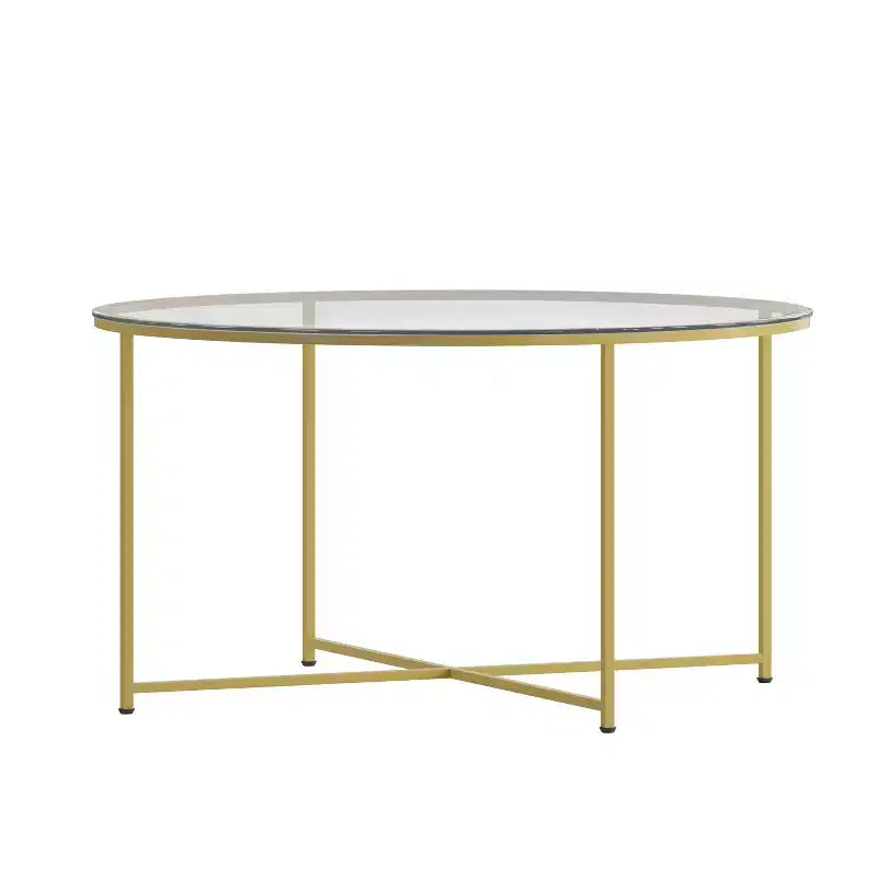 Table basse de salon en verre avec piètement en métal entrecroisé