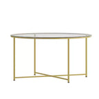 Table basse de salon en verre avec piètement en métal entrecroisé