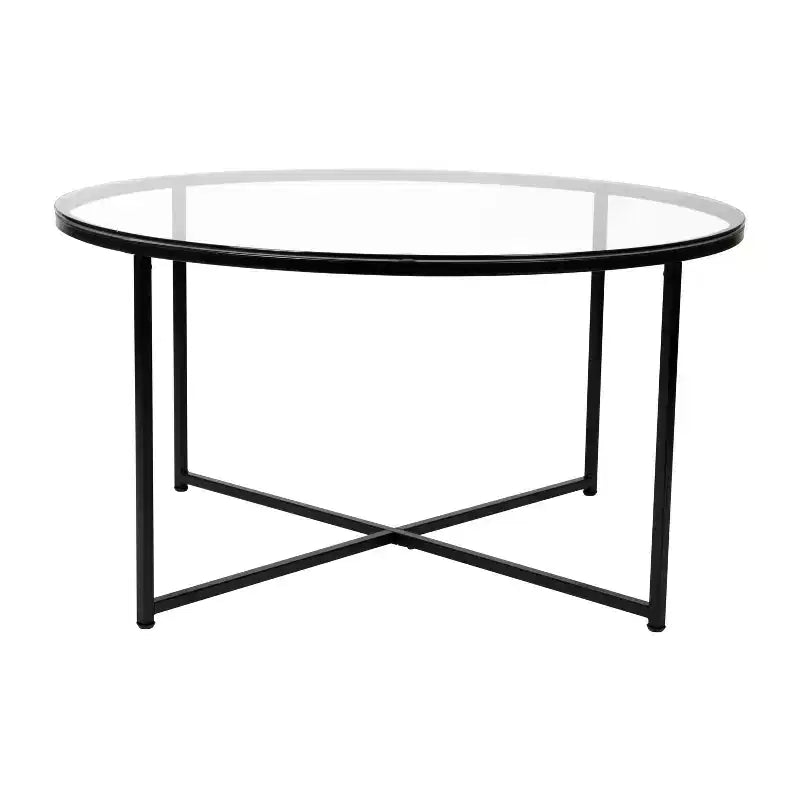 Table basse de salon en verre avec piètement en métal entrecroisé